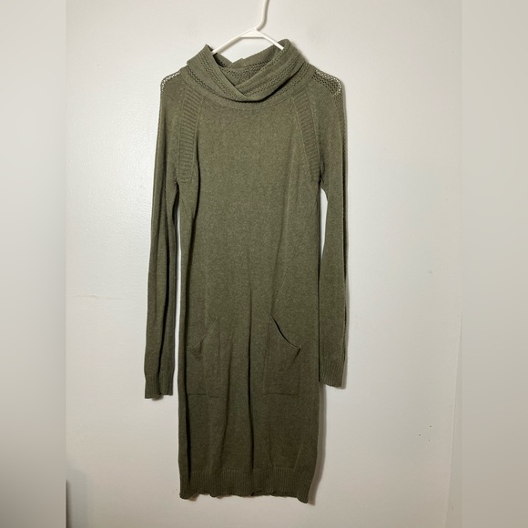 Prana Long Sleeve Sweater Dress Olive Green Sz‎ M Outdoor Hiking Knit Cowl Neck - Picture 1 of 9